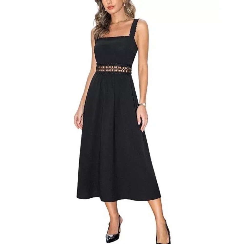 Black Chiffon Midi Dress Crochet Boho Whimsygoth Summer Resort Wedding Guest S